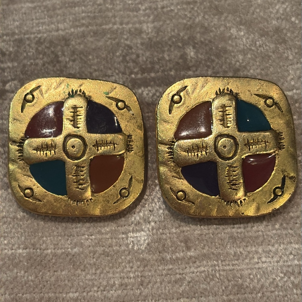 Vintage 80’s Catherine Stein Byzantine Revival Cross Gold Clipon Square Earrings